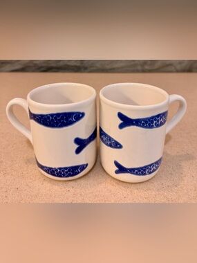 Blue Fish Ceramic Coffee Mugs Tea Cups White & Blue CMG Portugal Tall - Set of 2
